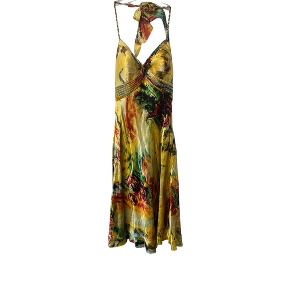 Cache Dresses & Skirts - Cache Yellow Multi Floral Halter Silk Midi Dress